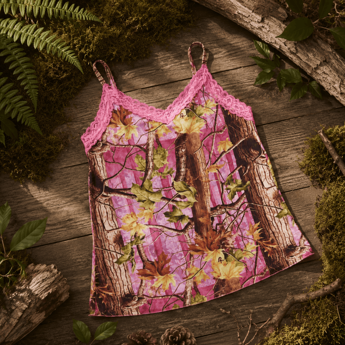 Women's Pink Camo Stretch Camisole - PinkWoods Hunting Tank Top - Wilderness Dreams - A-1 Thread Vault