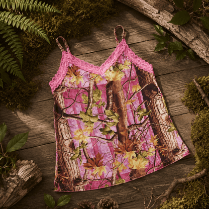 Women's Pink Camo Stretch Camisole - PinkWoods Hunting Tank Top - Wilderness Dreams - A-1 Thread Vault