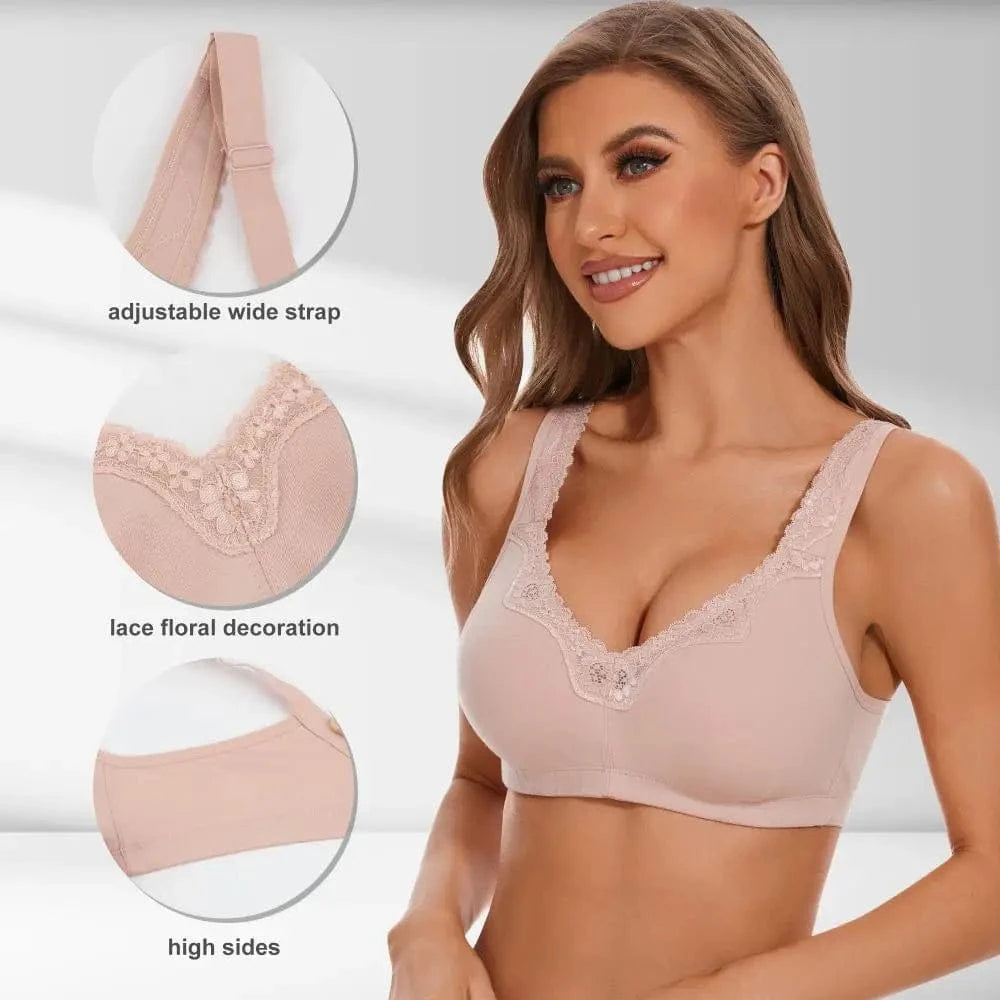 Women's Plus Size Floral Lace Cotton Bra Wire-Free Non-Foam Comfort Wide Straps Full Coverage Sleep Underwear Soft & Breathable - A-1 Thread Vault