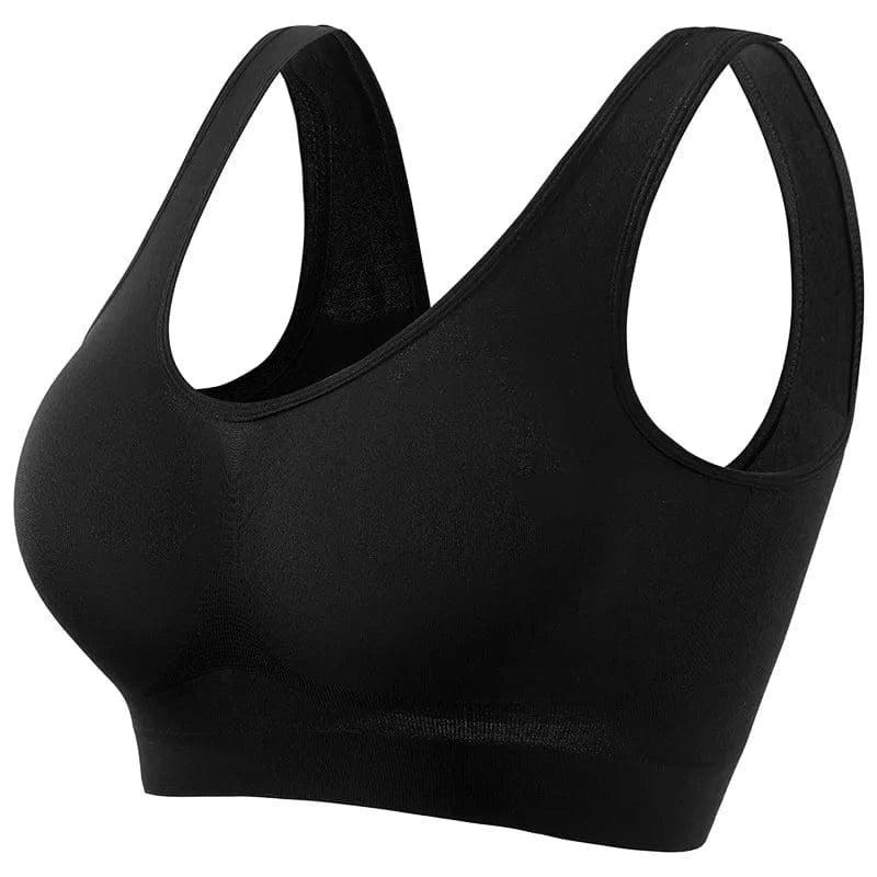 A black seamless sports bra with wide straps and a scoop neckline shown from a three-quarter angle against a white background.