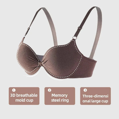 A brown molded underwire bra is displayed against a white background with three text boxes highlighting its 3D breathable cup, memory steel ring, and three-dimensional large cup features.