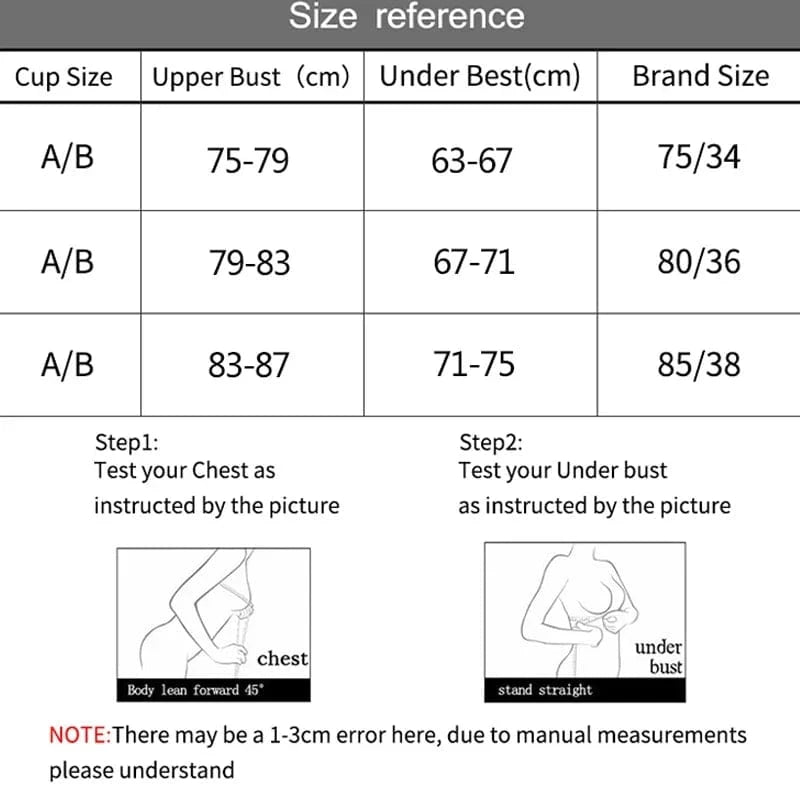 A size reference chart for brassieres displays rows of data with columns for cup size, upper bust and under bust measurements in centimeters, and corresponding brand sizes, accompanied by illustrated measurement instructions.