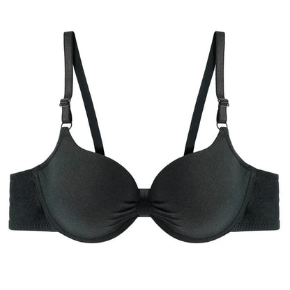 A black push-up bra featuring molded cups, thin adjustable shoulder straps, and a small gathered detail at the center front.