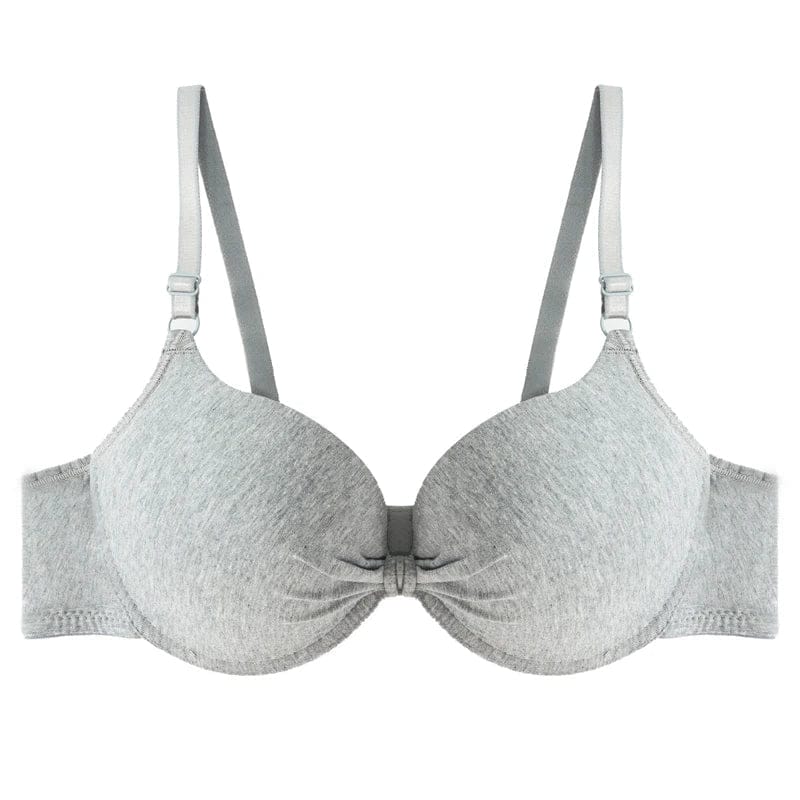 A grey heathered cotton-style molded cup bra with adjustable shoulder straps and a small gathered detail at the center gore.