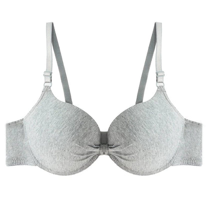 A grey heathered cotton-style molded cup bra with adjustable shoulder straps and a small gathered detail at the center gore.
