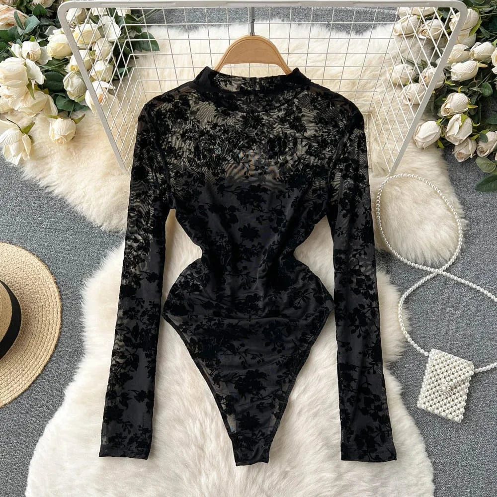 Women's Sexy Lace Bodysuit Flocked Print Sheer Mesh Leotard Long Sleeve See Through Jumpsuit Clubwear Lingerie for Valentine Par - A-1 Thread Vault