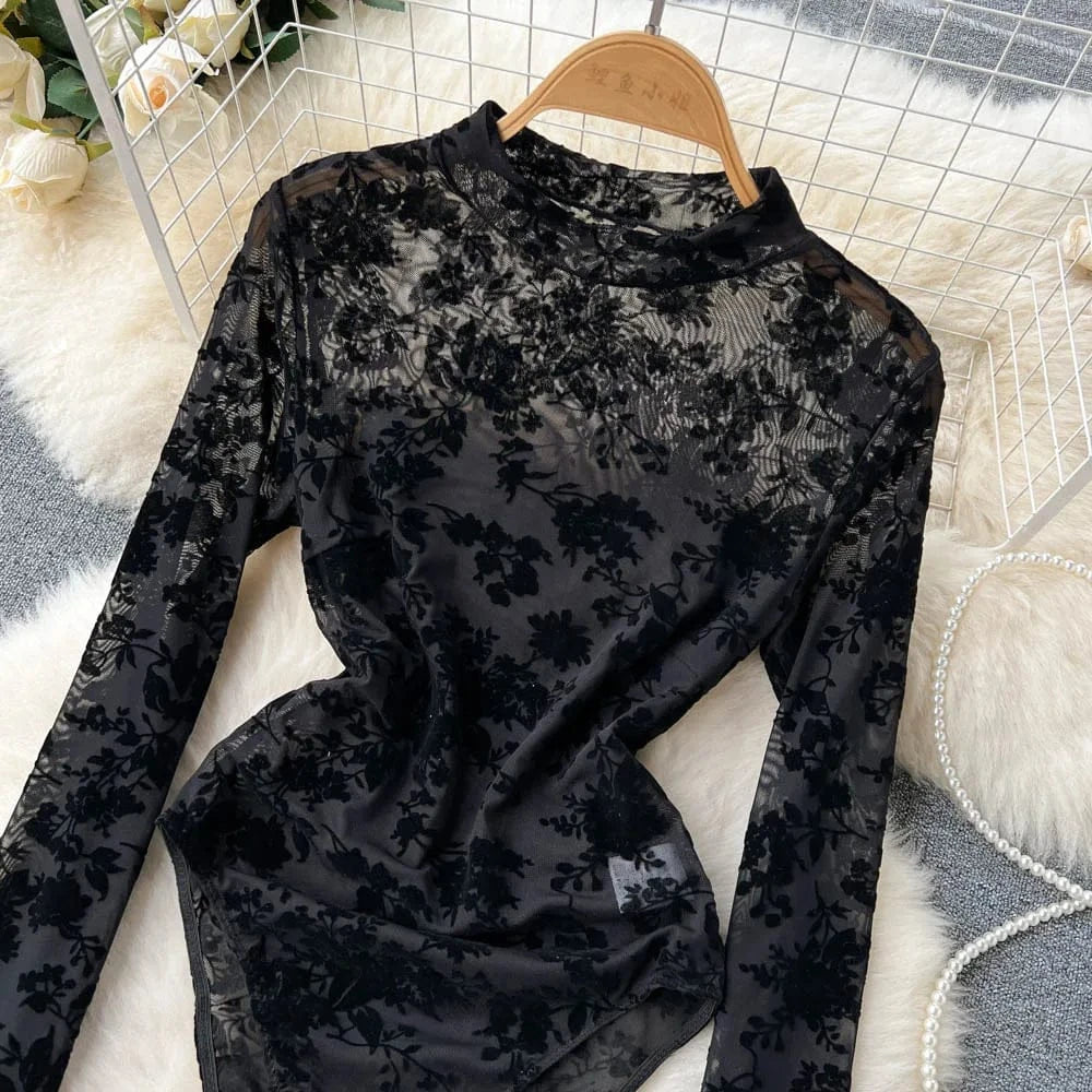 Women's Sexy Lace Bodysuit Flocked Print Sheer Mesh Leotard Long Sleeve See Through Jumpsuit Clubwear Lingerie for Valentine Par - A-1 Thread Vault