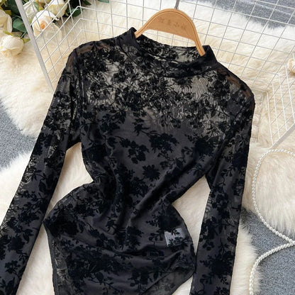 Women's Sexy Lace Bodysuit Flocked Print Sheer Mesh Leotard Long Sleeve See Through Jumpsuit Clubwear Lingerie for Valentine Par - A-1 Thread Vault