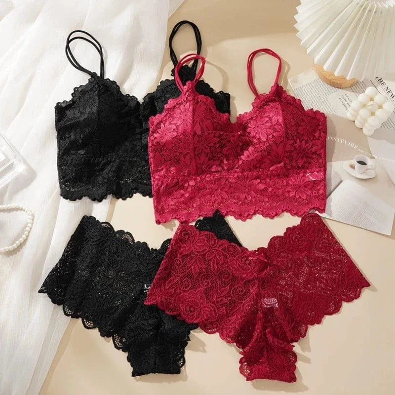 Women's Sexy Lace Bra Suit Solid Set Beautiful Back Hollow Out No Steel Ring Underwear With Lace Flower Breathable Panties - A-1 Thread Vault