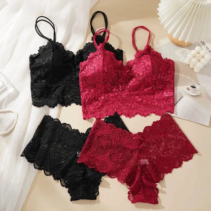 Women's Sexy Lace Bra Suit Solid Set Beautiful Back Hollow Out No Steel Ring Underwear With Lace Flower Breathable Panties - A-1 Thread Vault