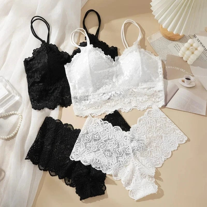 Women's Sexy Lace Bra Suit Solid Set Beautiful Back Hollow Out No Steel Ring Underwear With Lace Flower Breathable Panties - A-1 Thread Vault