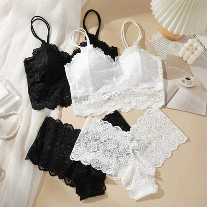 Women's Sexy Lace Bra Suit Solid Set Beautiful Back Hollow Out No Steel Ring Underwear With Lace Flower Breathable Panties - A-1 Thread Vault