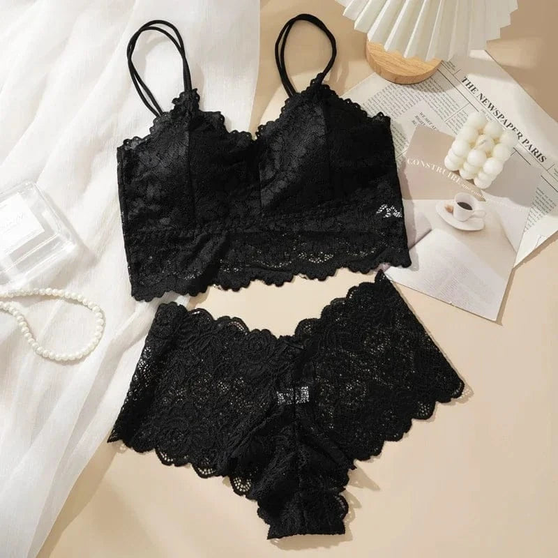 Women's Sexy Lace Bra Suit Solid Set Beautiful Back Hollow Out No Steel Ring Underwear With Lace Flower Breathable Panties - A-1 Thread Vault