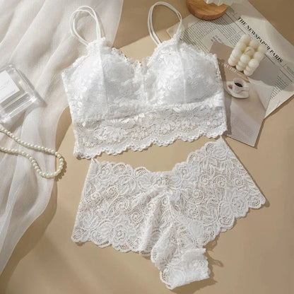Women's Sexy Lace Bra Suit Solid Set Beautiful Back Hollow Out No Steel Ring Underwear With Lace Flower Breathable Panties - A-1 Thread Vault