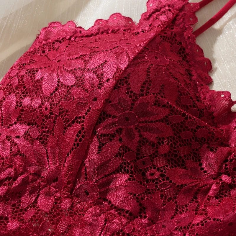 Women's Sexy Lace Bra Suit Solid Set Beautiful Back Hollow Out No Steel Ring Underwear With Lace Flower Breathable Panties - A-1 Thread Vault