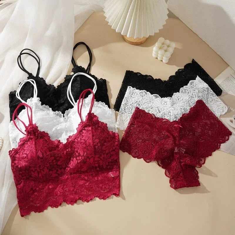 Women's Sexy Lace Bra Suit Solid Set Beautiful Back Hollow Out No Steel Ring Underwear With Lace Flower Breathable Panties - A-1 Thread Vault