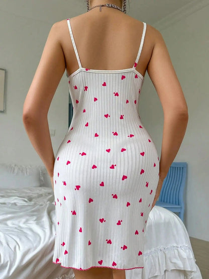 Women's Sexy Nightdress Night Gown Lace Trim Camisole Bow & Heart Print Sleeveless Sleep Dress Elegant Night Wear - A-1 Thread Vault