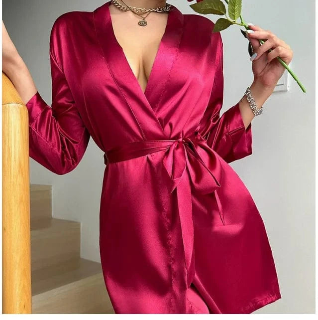 Women's Short Kimono Robe Silky Satin Bathrobe Bride Bridesmaids Getting Ready Sleepwear Soft Nightgown - A-1 Thread Vault