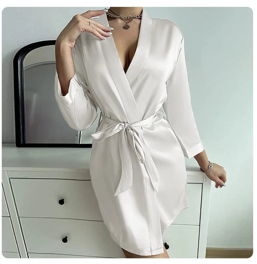 Women's Short Kimono Robe Silky Satin Bathrobe Bride Bridesmaids Getting Ready Sleepwear Soft Nightgown - A-1 Thread Vault