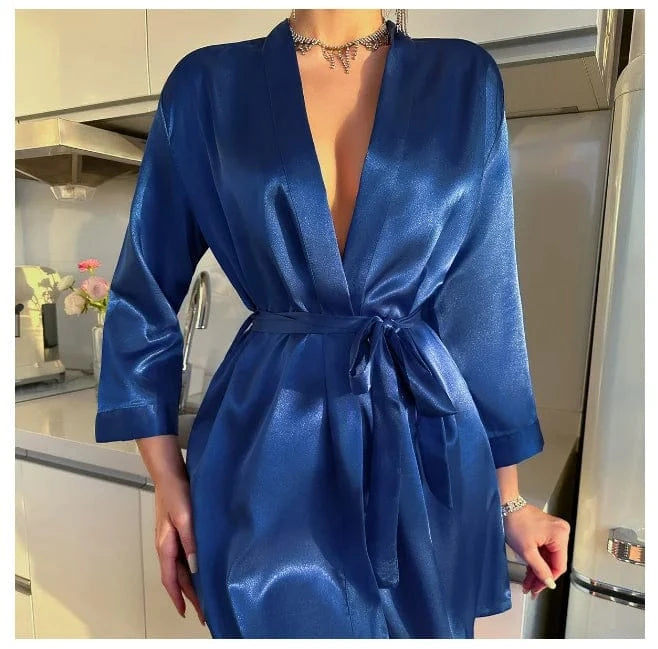 Women's Short Kimono Robe Silky Satin Bathrobe Bride Bridesmaids Getting Ready Sleepwear Soft Nightgown - A-1 Thread Vault
