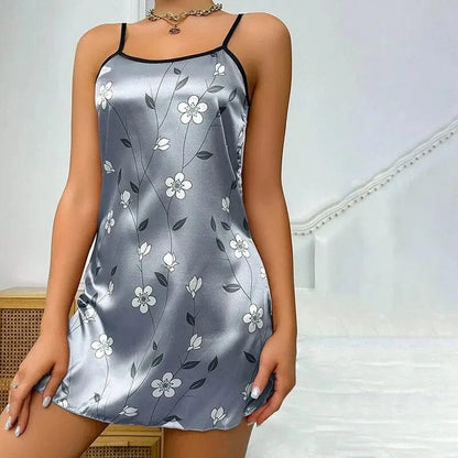 Women's Sleepdress Satin Floral Print Nightdress Comfortable Spaghetti Strap Sleepwear Dress Luxurious Satin Slip Nightdress - A-1 Thread Vault