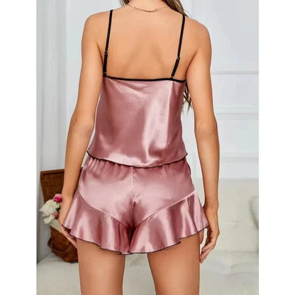 Women's Smooth Satin Pajamas V-Neck T-Shirt Ruffled Edges And Bow Shorts Simple And Breathable Pajama Set Sling Home Clothing - A-1 Thread Vault