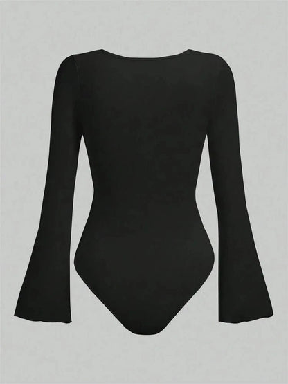 Women's Solid Color Ruffle Hem Flare Long Sleeve Bodysuit Autumn Winter 2024 Round Neck Plain Ruched Slim Fit Romper Top - A-1 Thread Vault