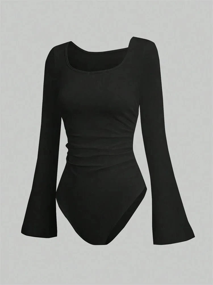 Women's Solid Color Ruffle Hem Flare Long Sleeve Bodysuit Autumn Winter 2024 Round Neck Plain Ruched Slim Fit Romper Top - A-1 Thread Vault