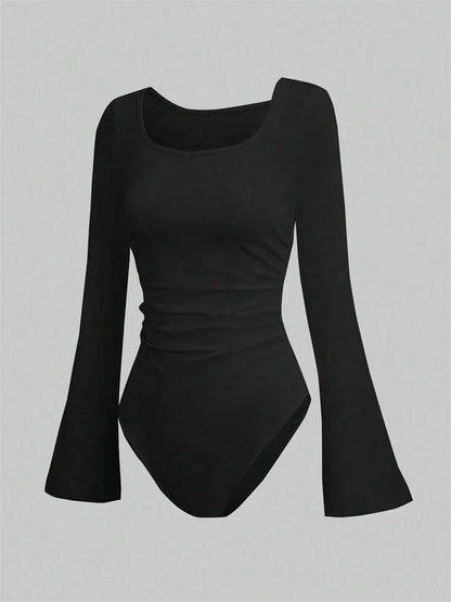 Women's Solid Color Ruffle Hem Flare Long Sleeve Bodysuit Autumn Winter 2024 Round Neck Plain Ruched Slim Fit Romper Top - A-1 Thread Vault