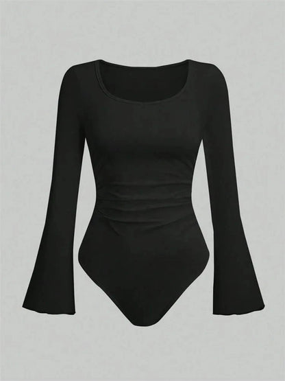 Women's Solid Color Ruffle Hem Flare Long Sleeve Bodysuit Autumn Winter 2024 Round Neck Plain Ruched Slim Fit Romper Top - A-1 Thread Vault