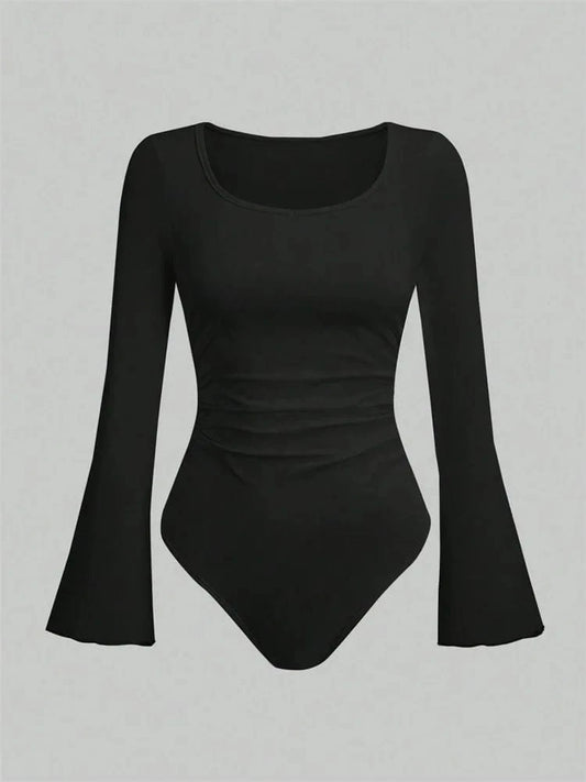 Women's Solid Color Ruffle Hem Flare Long Sleeve Bodysuit Autumn Winter 2024 Round Neck Plain Ruched Slim Fit Romper Top - A-1 Thread Vault