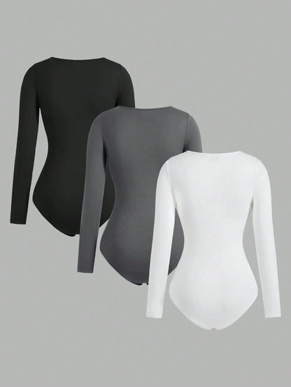 Women's Solid color Square Neck Open Crotch One-Piece Bodysuit Long Sleeved Body Lady Streetwear Female Warm Clothing - A-1 Thread Vault