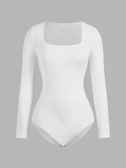 Women's Solid color Square Neck Open Crotch One-Piece Bodysuit Long Sleeved Body Lady Streetwear Female Warm Clothing - A-1 Thread Vault