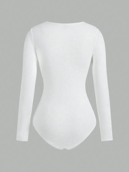 Women's Solid color Square Neck Open Crotch One-Piece Bodysuit Long Sleeved Body Lady Streetwear Female Warm Clothing - A-1 Thread Vault