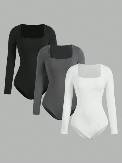 Women's Solid color Square Neck Open Crotch One-Piece Bodysuit Long Sleeved Body Lady Streetwear Female Warm Clothing - A-1 Thread Vault