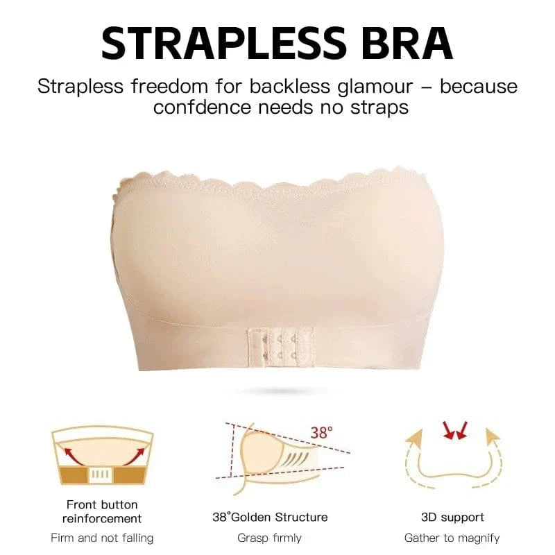 Women's Strapless Front Closure Bra Wireless Bandeau Non-slip Underwear Wavy Edge Chest Wraps Padded Push Up Tube Top Bralette - A-1 Thread Vault