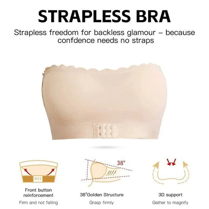 Women's Strapless Front Closure Bra Wireless Bandeau Non-slip Underwear Wavy Edge Chest Wraps Padded Push Up Tube Top Bralette - A-1 Thread Vault