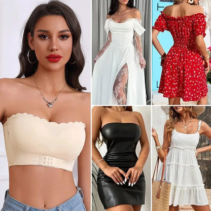 Women's Strapless Front Closure Bra Wireless Bandeau Non-slip Underwear Wavy Edge Chest Wraps Padded Push Up Tube Top Bralette - A-1 Thread Vault