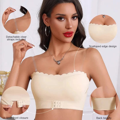 Women's Strapless Front Closure Bra Wireless Bandeau Non-slip Underwear Wavy Edge Chest Wraps Padded Push Up Tube Top Bralette - A-1 Thread Vault