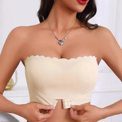Women's Strapless Front Closure Bra Wireless Bandeau Non-slip Underwear Wavy Edge Chest Wraps Padded Push Up Tube Top Bralette - A-1 Thread Vault
