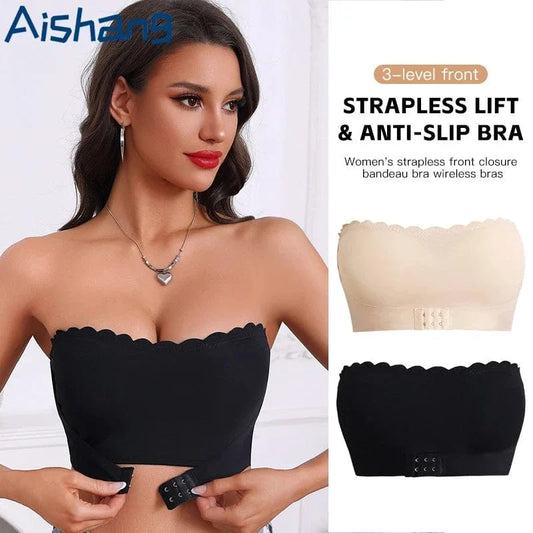 Women's Strapless Front Closure Bra Wireless Bandeau Non-slip Underwear Wavy Edge Chest Wraps Padded Push Up Tube Top Bralette - A-1 Thread Vault