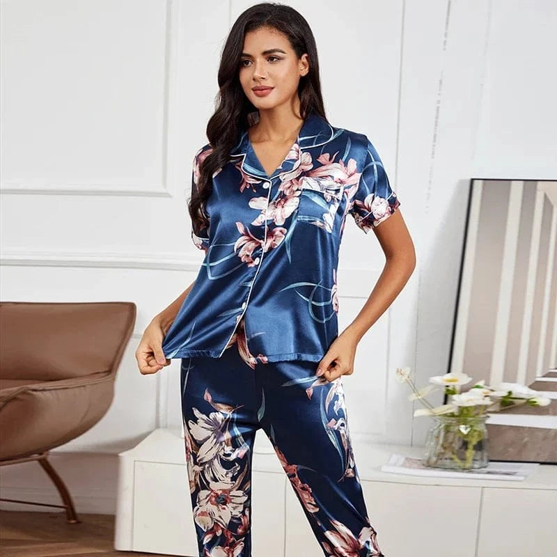 Women‘s Striped Printed Silk Satin Pajamas Summer Nightwear Trouser Suits Satin Set Woman 2 Pieces Short Sleeve Sleep Tops Night - A-1 Thread Vault