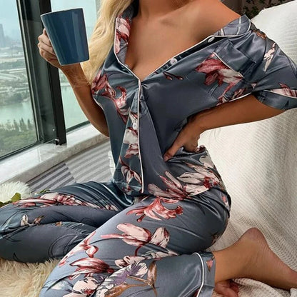 Women‘s Striped Printed Silk Satin Pajamas Summer Nightwear Trouser Suits Satin Set Woman 2 Pieces Short Sleeve Sleep Tops Night - A-1 Thread Vault