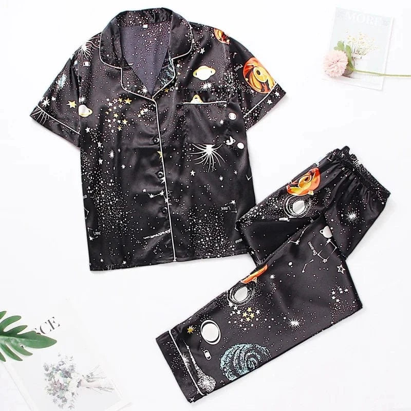 Women‘s Striped Printed Silk Satin Pajamas Summer Nightwear Trouser Suits Satin Set Woman 2 Pieces Short Sleeve Sleep Tops Night - A-1 Thread Vault