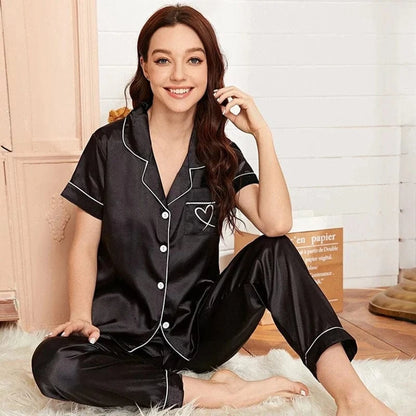 Women‘s Striped Printed Silk Satin Pajamas Summer Nightwear Trouser Suits Satin Set Woman 2 Pieces Short Sleeve Sleep Tops Night - A-1 Thread Vault