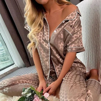 Women‘s Striped Printed Silk Satin Pajamas Summer Nightwear Trouser Suits Satin Set Woman 2 Pieces Short Sleeve Sleep Tops Night - A-1 Thread Vault