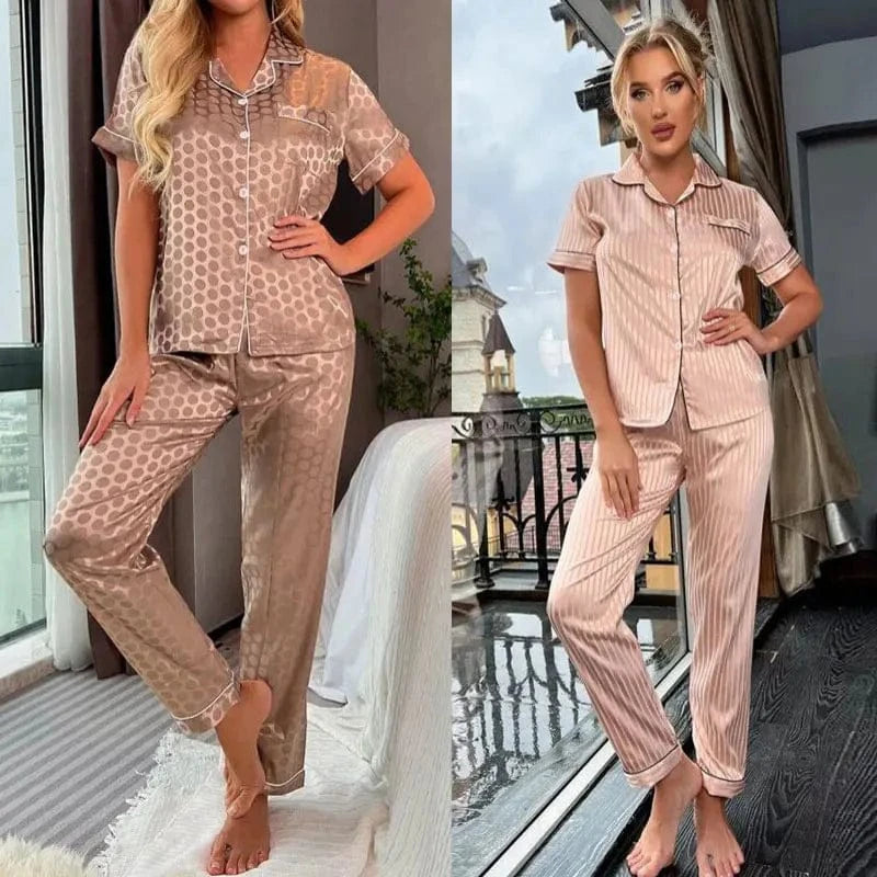 Women‘s Striped Printed Silk Satin Pajamas Summer Nightwear Trouser Suits Satin Set Woman 2 Pieces Short Sleeve Sleep Tops Night - A-1 Thread Vault