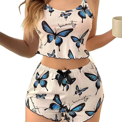 Women's Summer Ice Silk Pajamas Set Butterfly Print Spaghetti Strap Loungewear Set - A-1 Thread Vault
