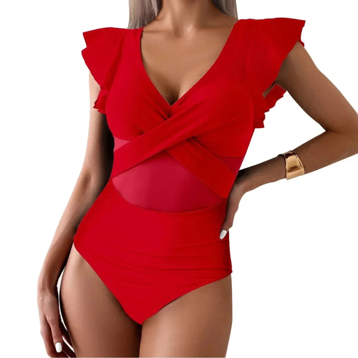 Women's Swimsuit 2024 Trend Tummy Control V Neck Sexy Bikini Ruched Bathing Suits Slim Fit Ruffle Sleeve Swimwear - A-1 Thread Vault