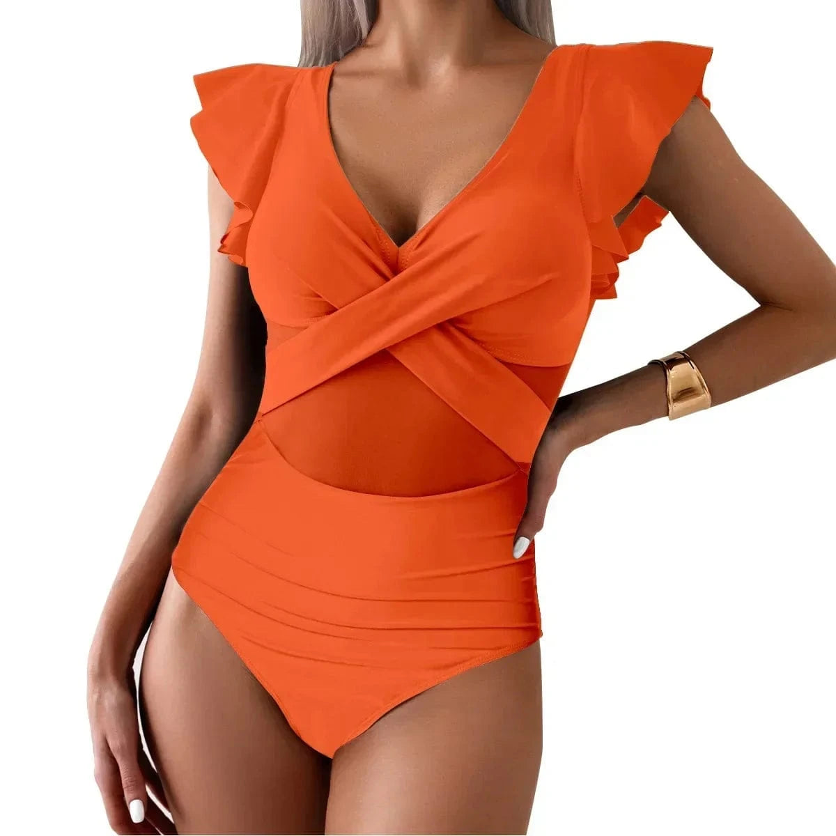 Women's Swimsuit 2024 Trend Tummy Control V Neck Sexy Bikini Ruched Bathing Suits Slim Fit Ruffle Sleeve Swimwear - A-1 Thread Vault